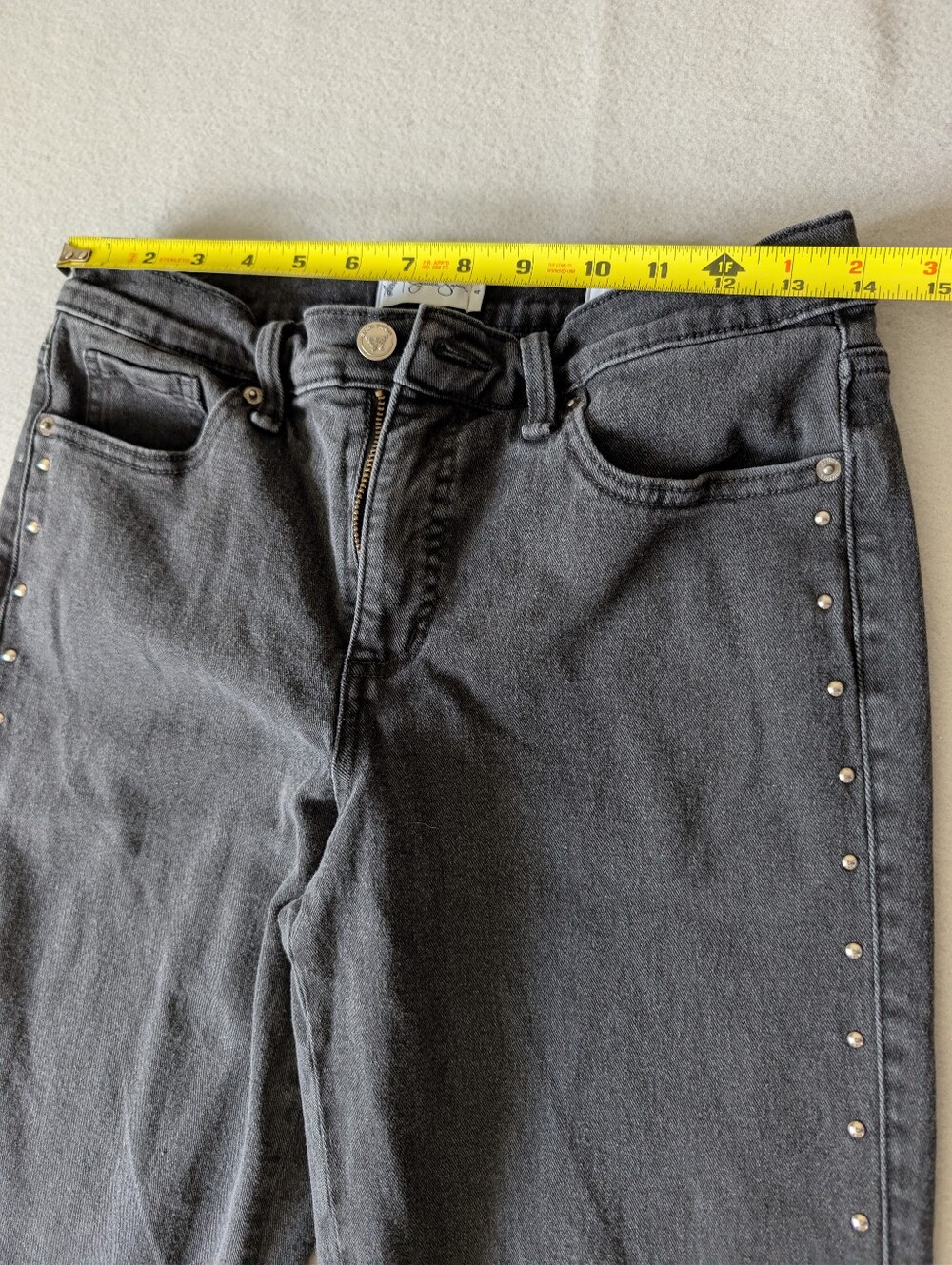 Women's Studded Split Hem Relaxed Straight Black Denim High Rise Jeans Sz 4 image 8